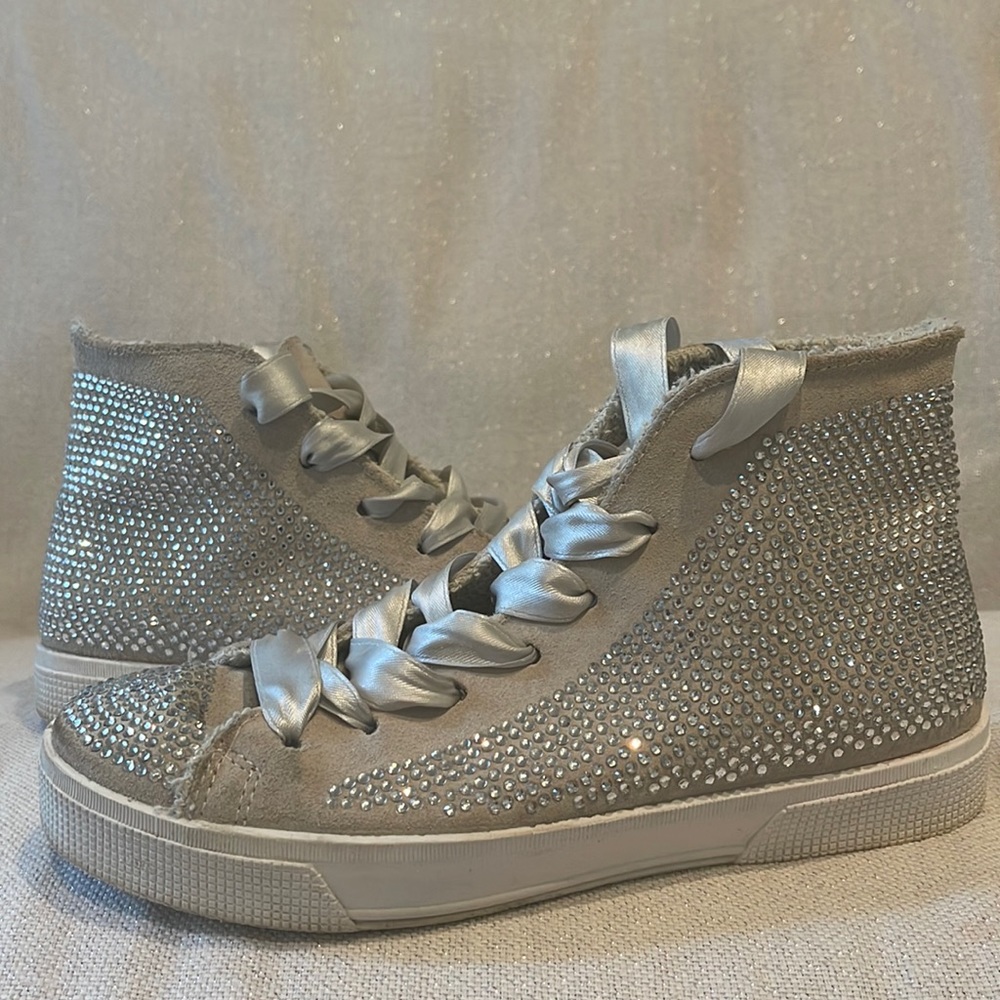 Luxury fashion light grey suede high tops encrusted in tiny crystals. size 37.